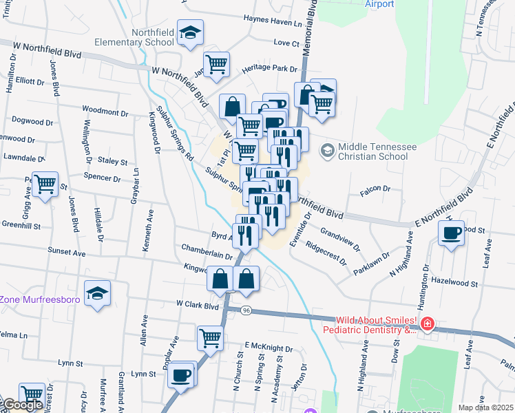 map of restaurants, bars, coffee shops, grocery stores, and more near 1661 Memorial Boulevard in Murfreesboro
