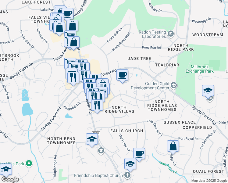 map of restaurants, bars, coffee shops, grocery stores, and more near 6100 New Market Way in Raleigh