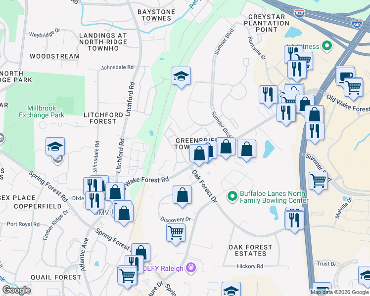 map of restaurants, bars, coffee shops, grocery stores, and more near 3012 Berkeley Springs Place in Raleigh