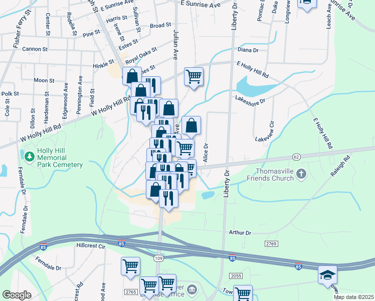 map of restaurants, bars, coffee shops, grocery stores, and more near 13 Cloniger Drive in Thomasville