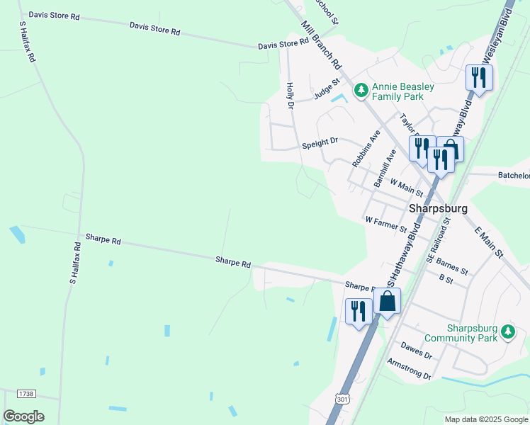 map of restaurants, bars, coffee shops, grocery stores, and more near Sharpe Road in Nash County