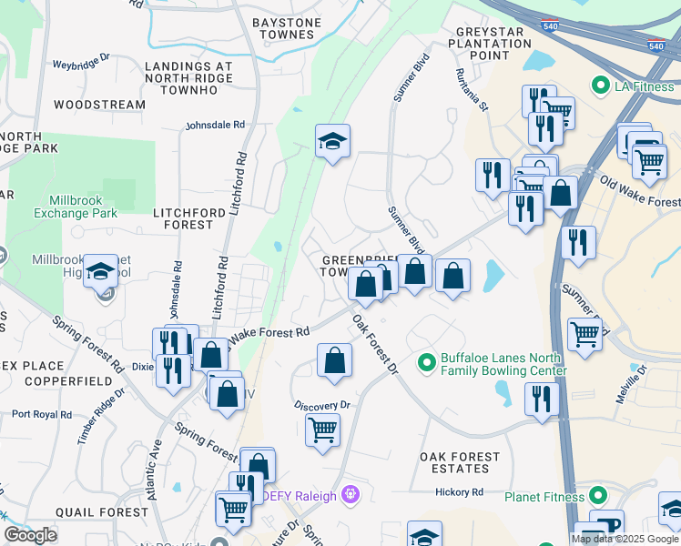 map of restaurants, bars, coffee shops, grocery stores, and more near 3012 Berkeley Springs Place in Raleigh