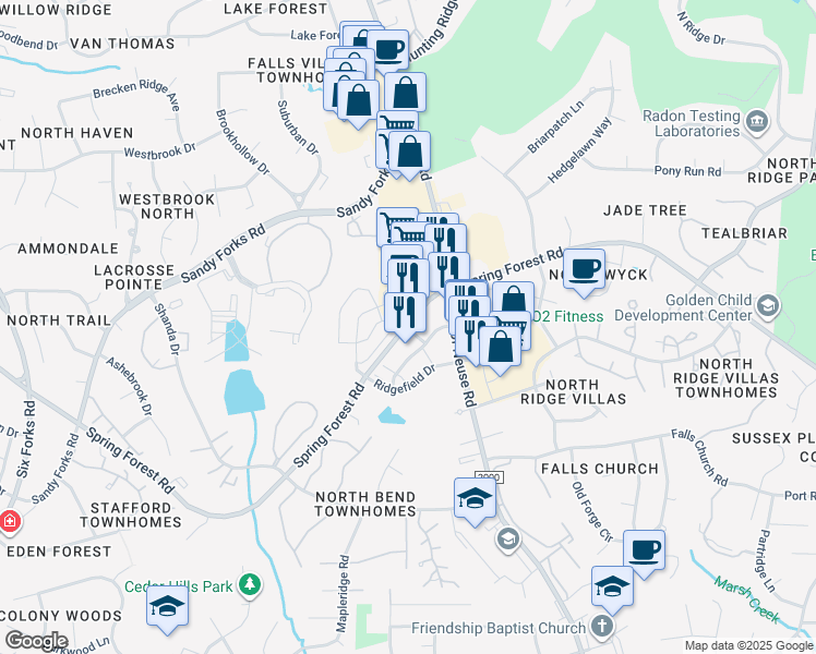 map of restaurants, bars, coffee shops, grocery stores, and more near 832 Springfield Commons Drive in Raleigh