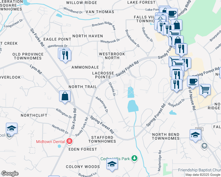 map of restaurants, bars, coffee shops, grocery stores, and more near 411 Thyme Place in Raleigh