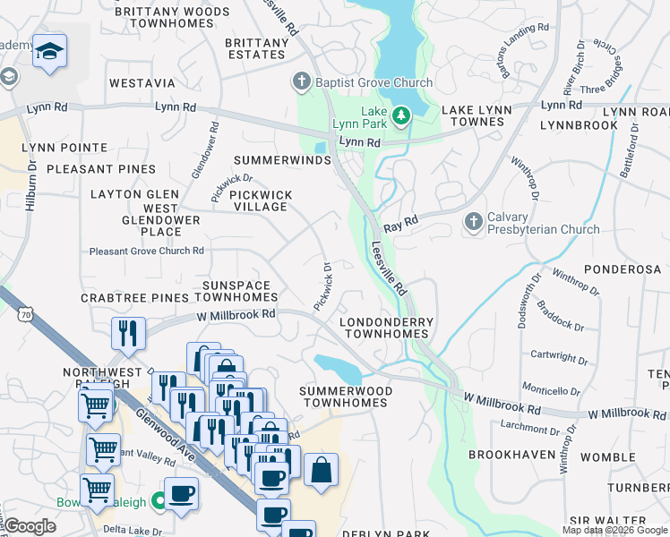 map of restaurants, bars, coffee shops, grocery stores, and more near 3929 Paddington Court in Raleigh