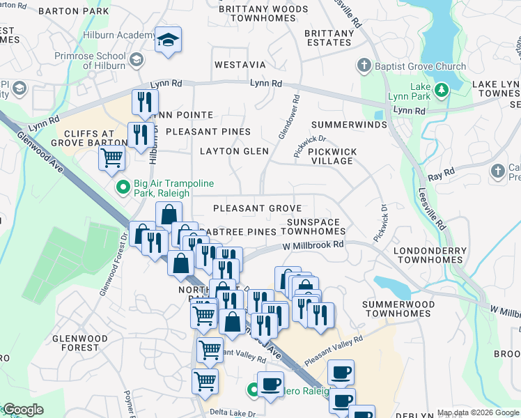 map of restaurants, bars, coffee shops, grocery stores, and more near 6316 Pleasant Creek Court in Raleigh