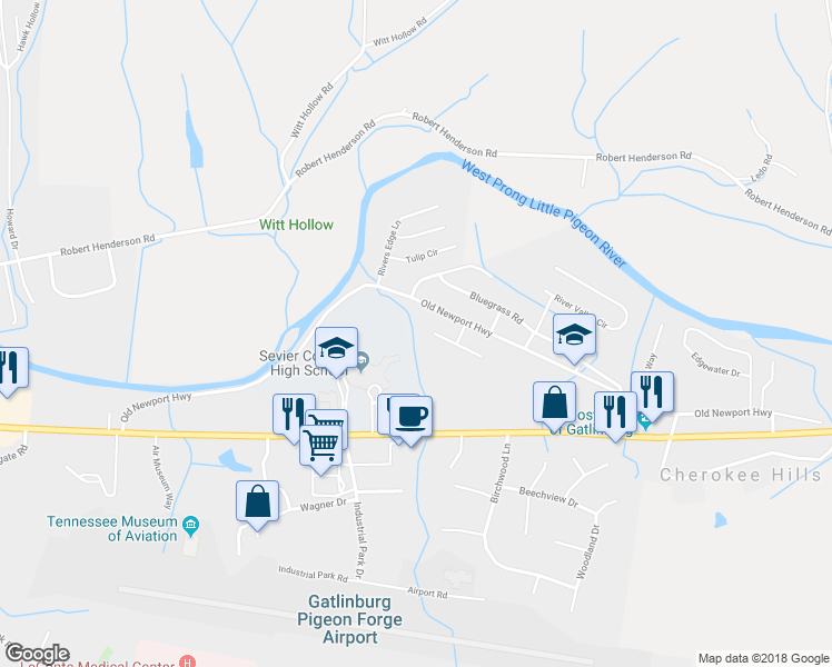 map of restaurants, bars, coffee shops, grocery stores, and more near 1291 Walter Webb Drive in Sevierville