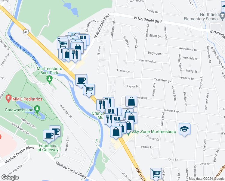 map of restaurants, bars, coffee shops, grocery stores, and more near 1515 Monte Hale Drive in Murfreesboro