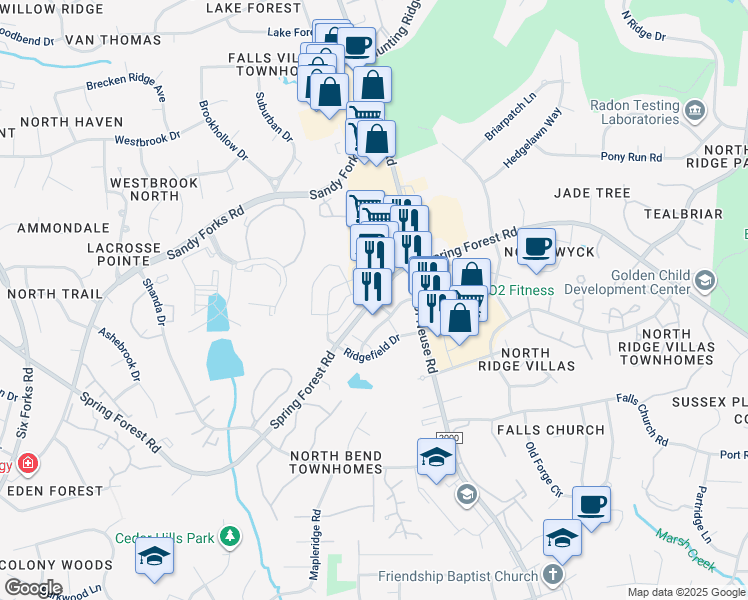 map of restaurants, bars, coffee shops, grocery stores, and more near 900 Spring Forest Road in Raleigh