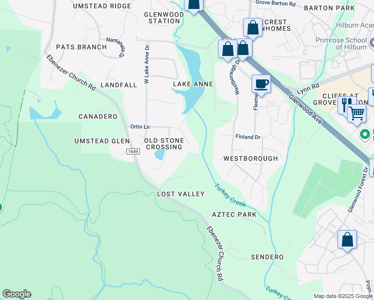 map of restaurants, bars, coffee shops, grocery stores, and more near 8009 Ortin Lane in Raleigh