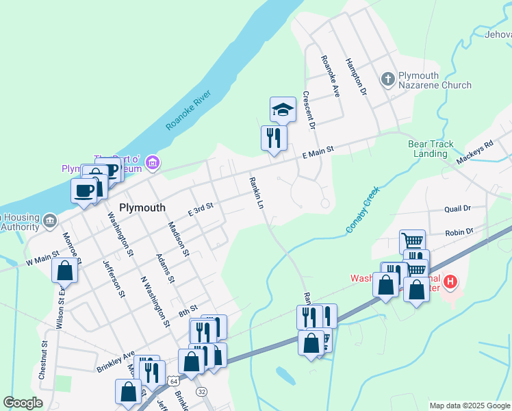 map of restaurants, bars, coffee shops, grocery stores, and more near 201 Rankin Lane in Plymouth