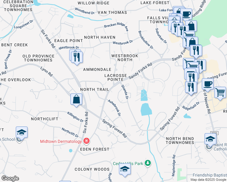 map of restaurants, bars, coffee shops, grocery stores, and more near 407 Thyme Place in Raleigh