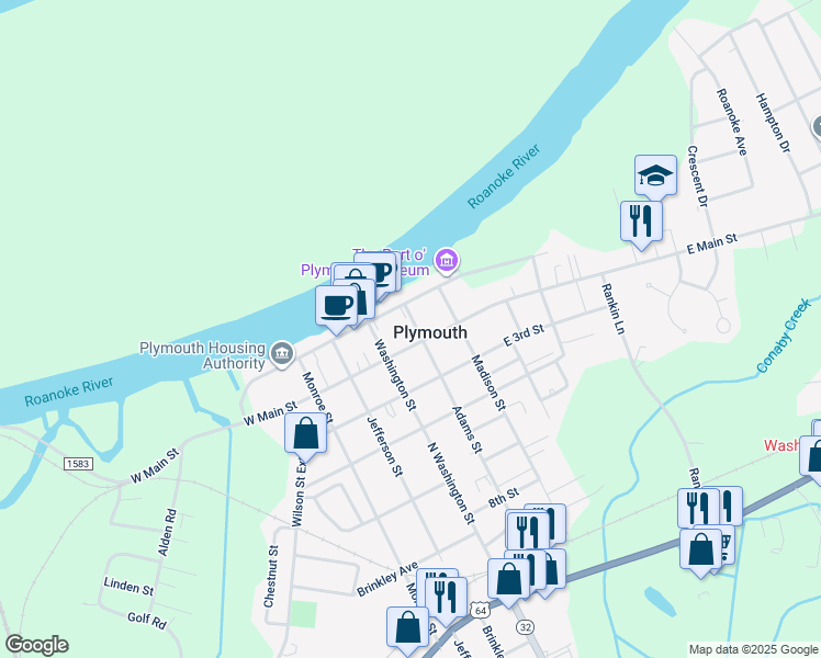 map of restaurants, bars, coffee shops, grocery stores, and more near 117 Adams Street in Plymouth