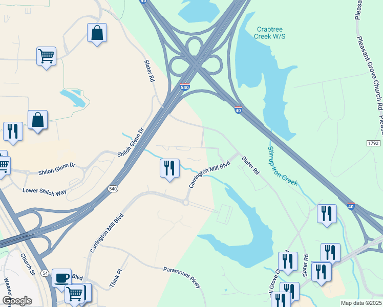 map of restaurants, bars, coffee shops, grocery stores, and more near 5108 Sorrel Park Drive in Morrisville
