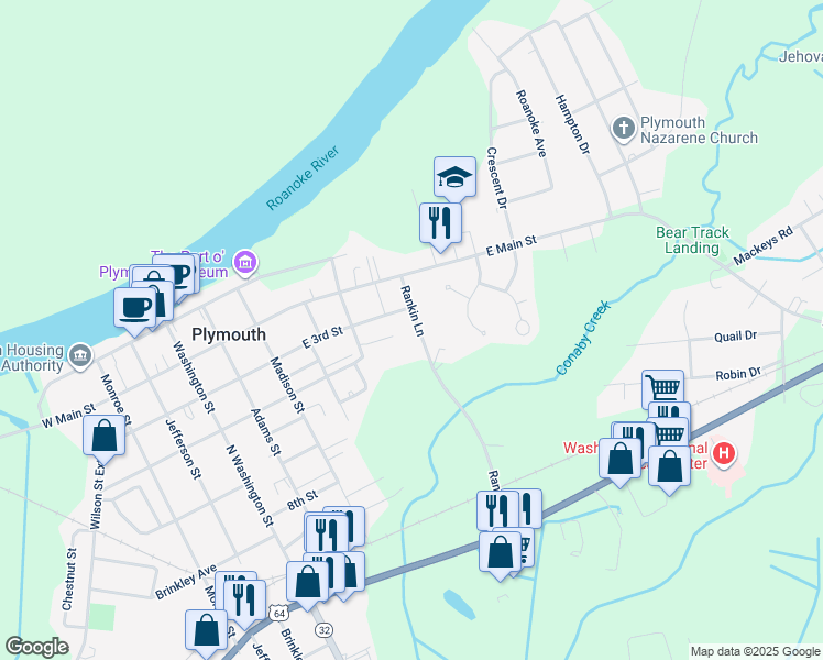 map of restaurants, bars, coffee shops, grocery stores, and more near 201 Rankin Lane in Plymouth