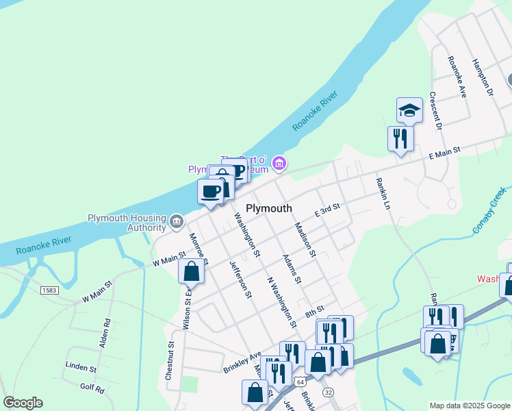 map of restaurants, bars, coffee shops, grocery stores, and more near 117 Adams Street in Plymouth