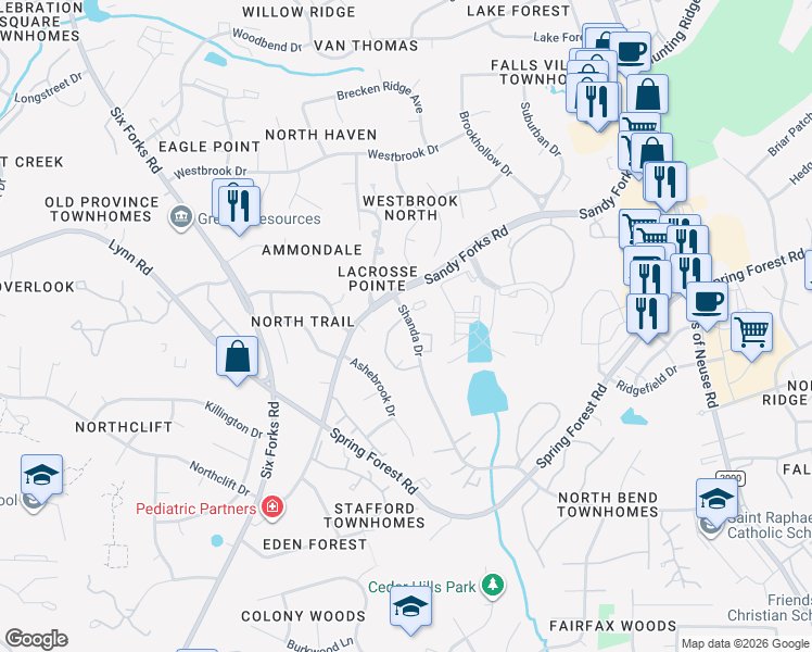 map of restaurants, bars, coffee shops, grocery stores, and more near 6317 Shanda Drive in Raleigh