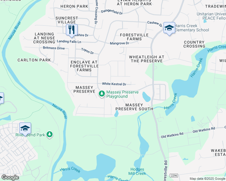 map of restaurants, bars, coffee shops, grocery stores, and more near 3506 Massey Pond Trail in Raleigh