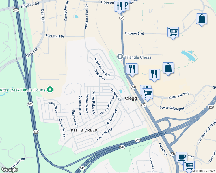 map of restaurants, bars, coffee shops, grocery stores, and more near 2316 Historic Circle in Morrisville