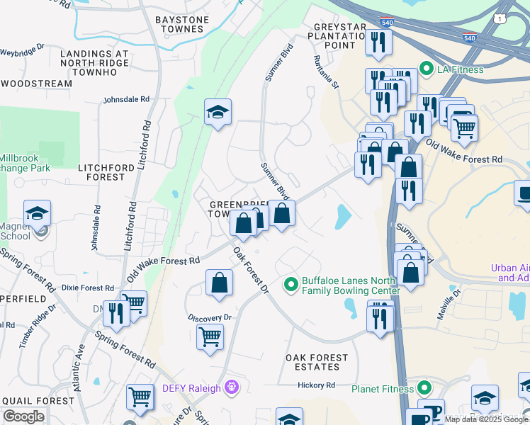 map of restaurants, bars, coffee shops, grocery stores, and more near 6726 Morgantown Street in Raleigh