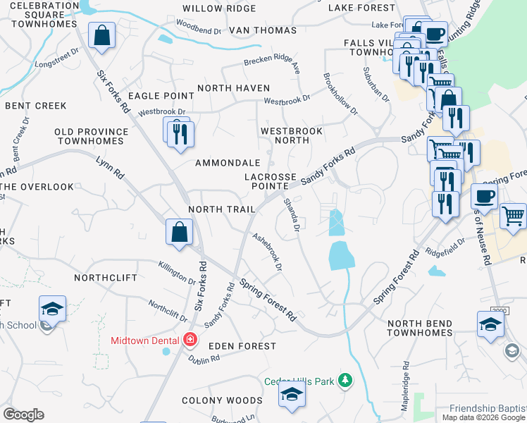 map of restaurants, bars, coffee shops, grocery stores, and more near 408 Thyme Place in Raleigh