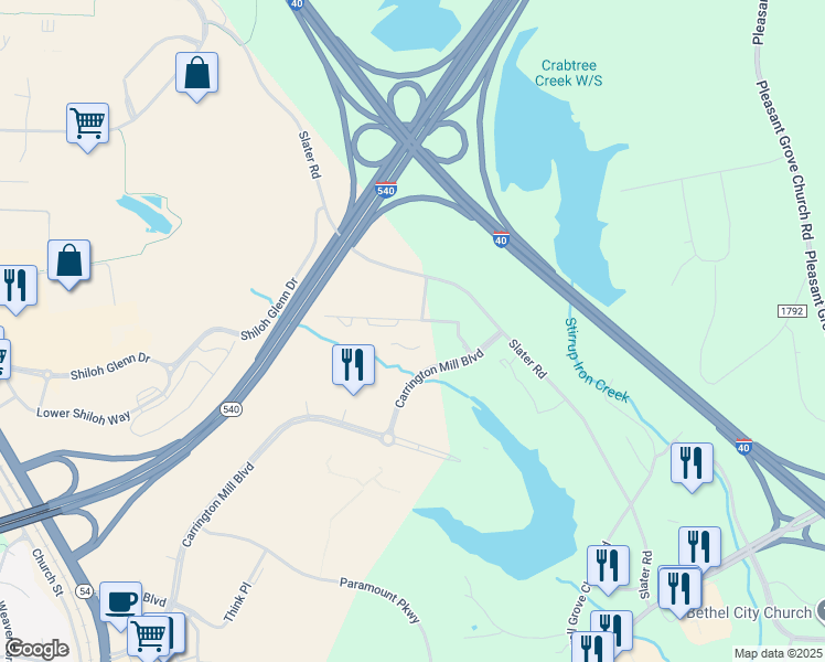 map of restaurants, bars, coffee shops, grocery stores, and more near 5107 Sorrel Park Drive in Morrisville