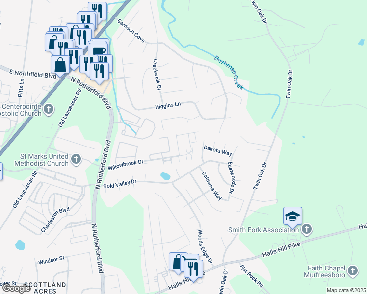 map of restaurants, bars, coffee shops, grocery stores, and more near 1314 Bunny Court in Murfreesboro