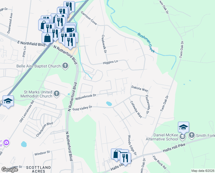 map of restaurants, bars, coffee shops, grocery stores, and more near 116 Willowbrook Drive in Murfreesboro