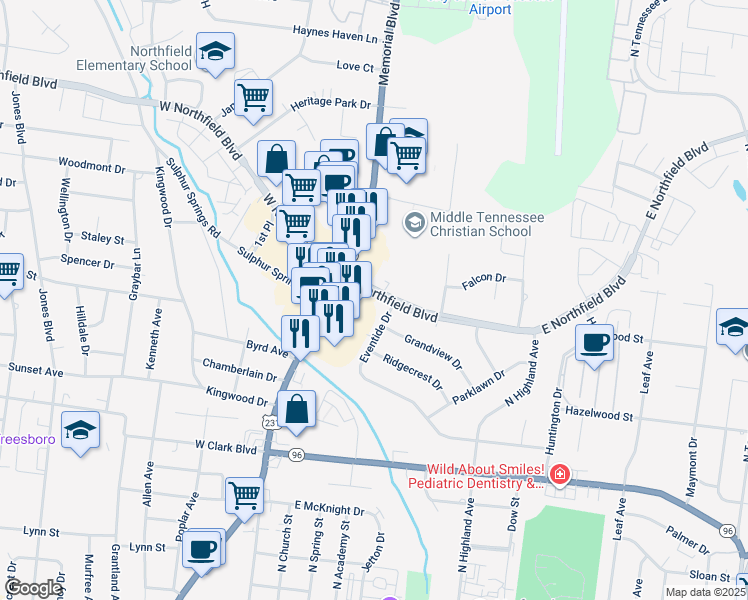 map of restaurants, bars, coffee shops, grocery stores, and more near 103 Eventide Drive in Murfreesboro