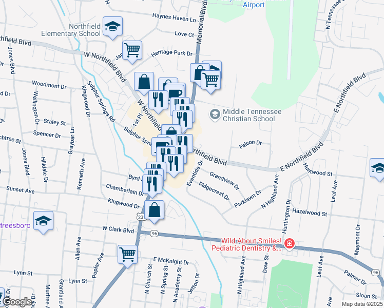 map of restaurants, bars, coffee shops, grocery stores, and more near 1660 Memorial Boulevard in Murfreesboro
