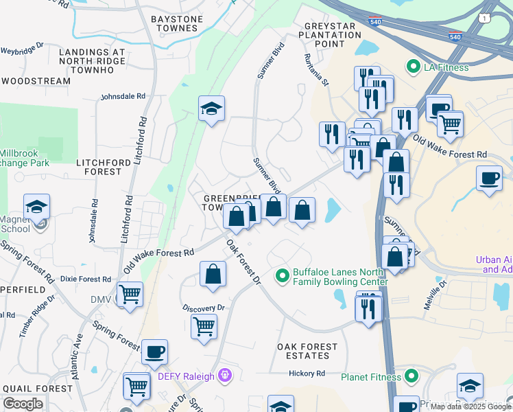map of restaurants, bars, coffee shops, grocery stores, and more near 6726 Morgantown Street in Raleigh