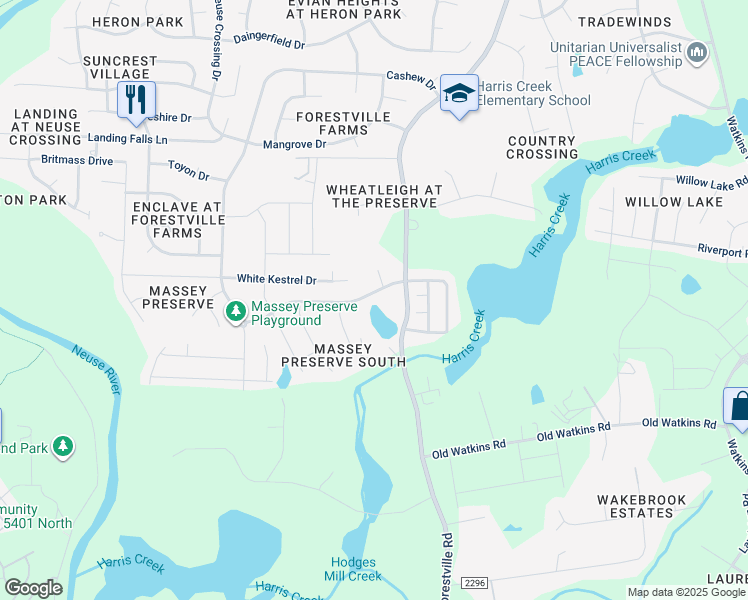 map of restaurants, bars, coffee shops, grocery stores, and more near 4234 Massey Preserve Trail in Raleigh