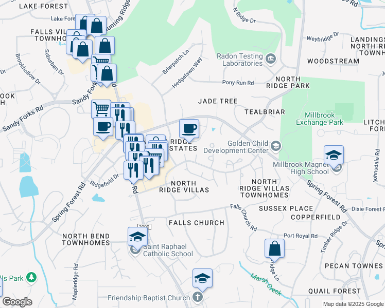 map of restaurants, bars, coffee shops, grocery stores, and more near 1507 Nature Court in Raleigh