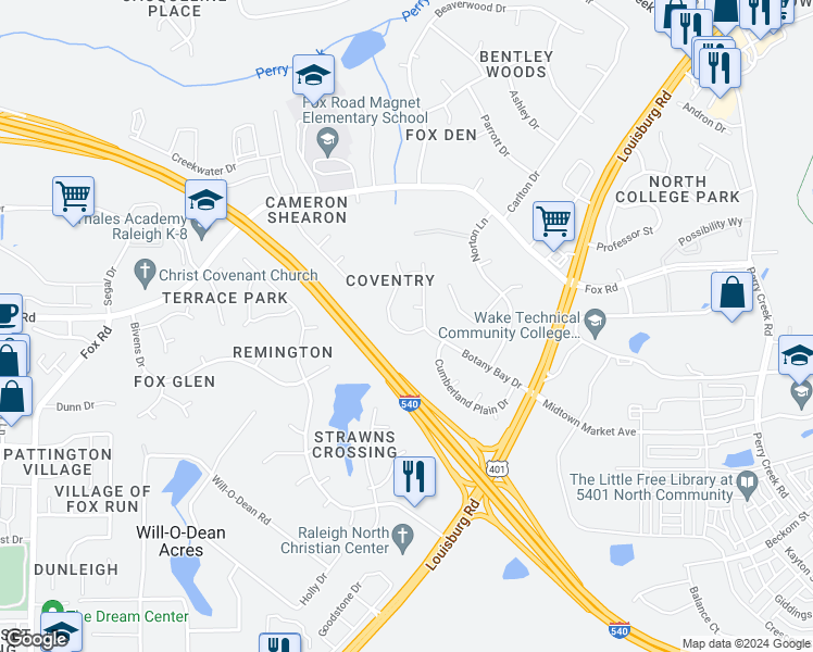 map of restaurants, bars, coffee shops, grocery stores, and more near 6816 Coventry Ridge Road in Raleigh