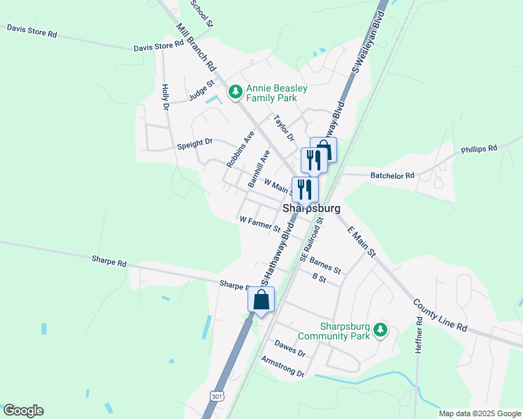 map of restaurants, bars, coffee shops, grocery stores, and more near John J Sharpe Street in Rocky Mount
