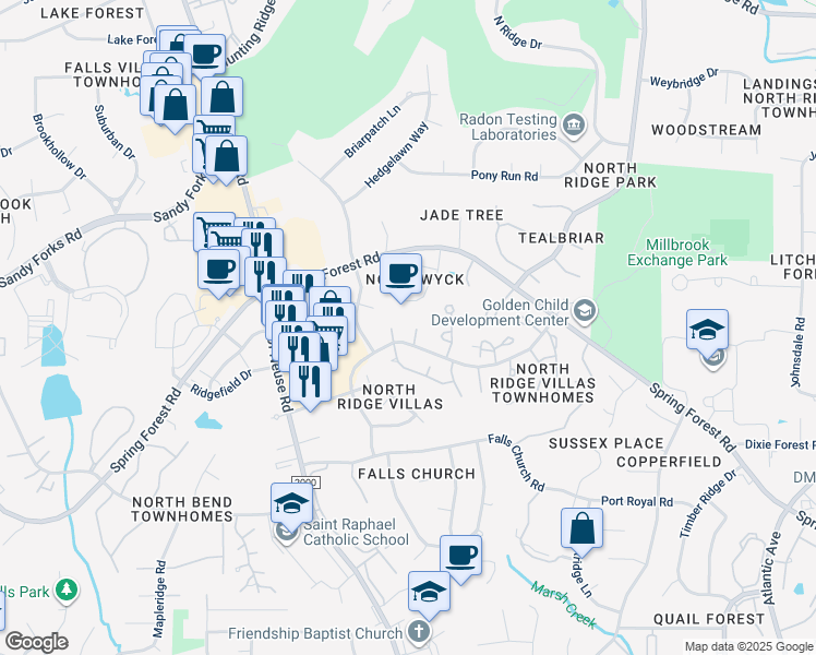 map of restaurants, bars, coffee shops, grocery stores, and more near 1507 Nature Court in Raleigh