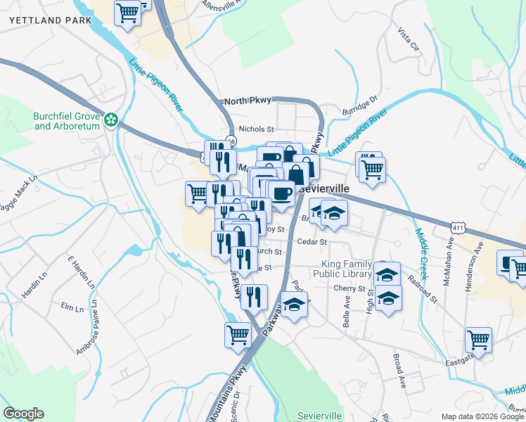map of restaurants, bars, coffee shops, grocery stores, and more near 118 Joy Street in Sevierville