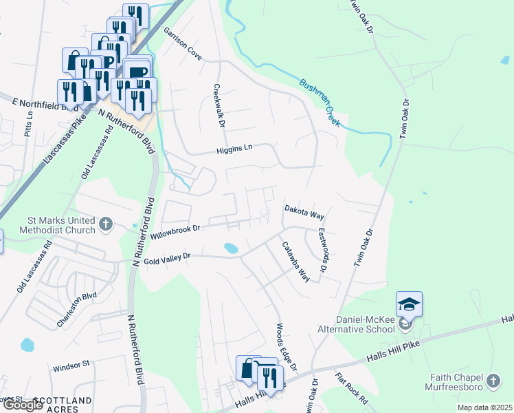 map of restaurants, bars, coffee shops, grocery stores, and more near 1314 Bunny Court in Murfreesboro