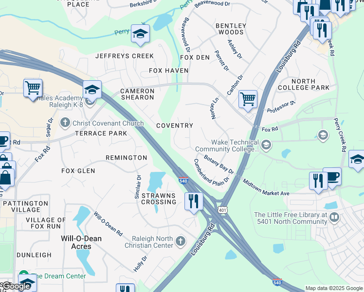 map of restaurants, bars, coffee shops, grocery stores, and more near 6816 Coventry Ridge Road in Raleigh