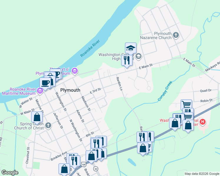 map of restaurants, bars, coffee shops, grocery stores, and more near 105 Andrew Jackson Avenue in Plymouth