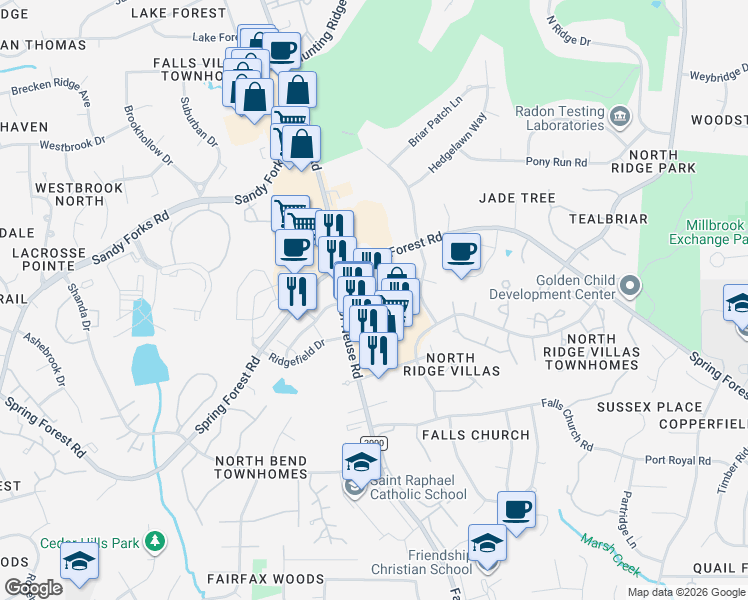 map of restaurants, bars, coffee shops, grocery stores, and more near 6196 Falls of Neuse Road in Raleigh