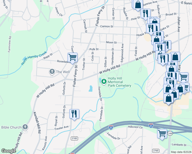 map of restaurants, bars, coffee shops, grocery stores, and more near 918 Ferndale Drive in Thomasville