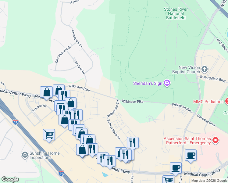 map of restaurants, bars, coffee shops, grocery stores, and more near 2510 Blantons Pointe in Murfreesboro