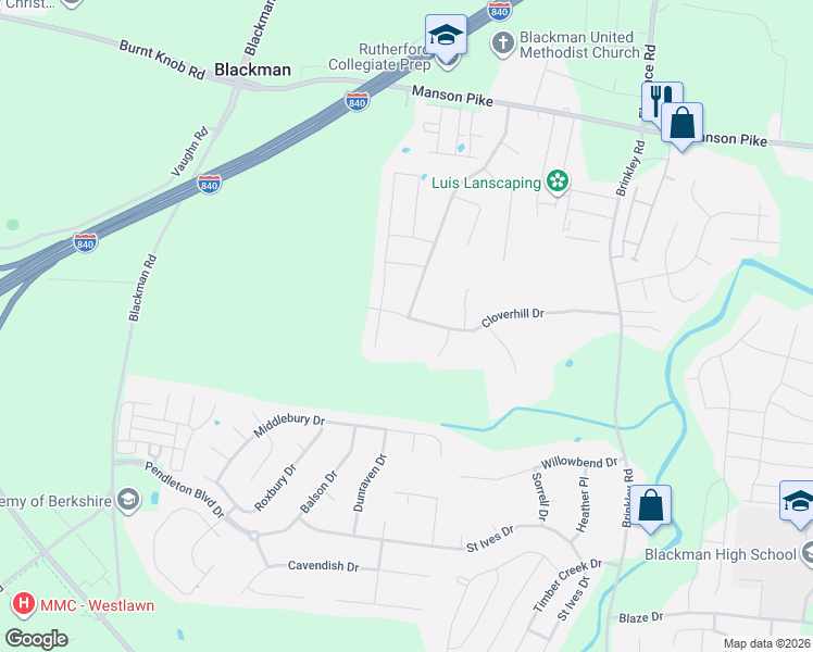 map of restaurants, bars, coffee shops, grocery stores, and more near 5037 Cloverhill Drive in Murfreesboro