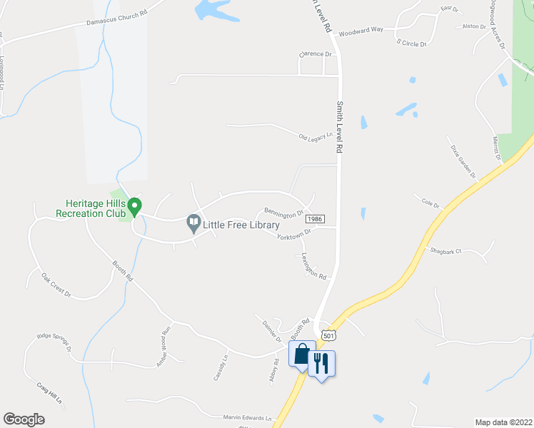 map of restaurants, bars, coffee shops, grocery stores, and more near 215 Bennington Drive in Chapel Hill