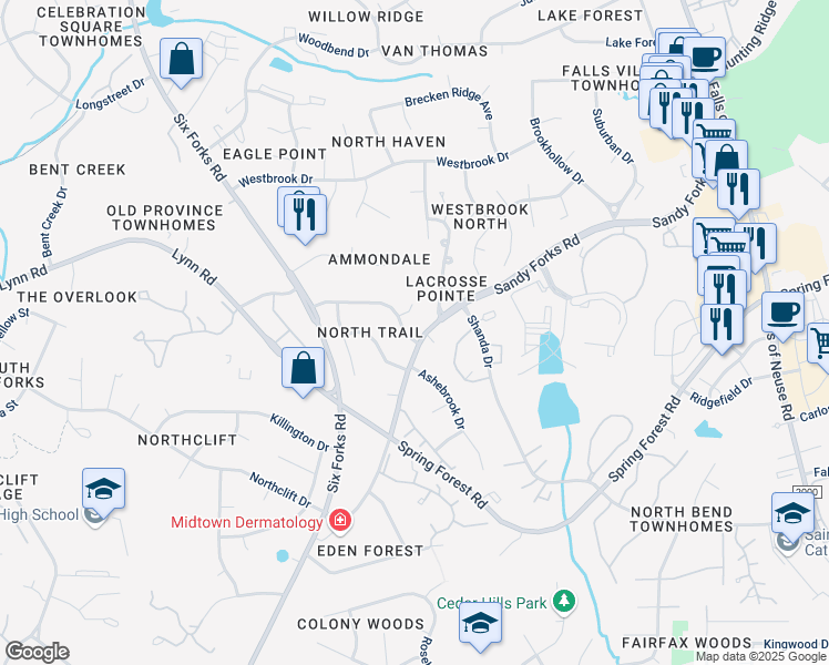 map of restaurants, bars, coffee shops, grocery stores, and more near 408 Thyme Place in Raleigh