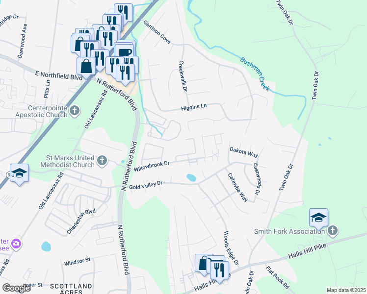 map of restaurants, bars, coffee shops, grocery stores, and more near 116 Willowbrook Drive in Murfreesboro