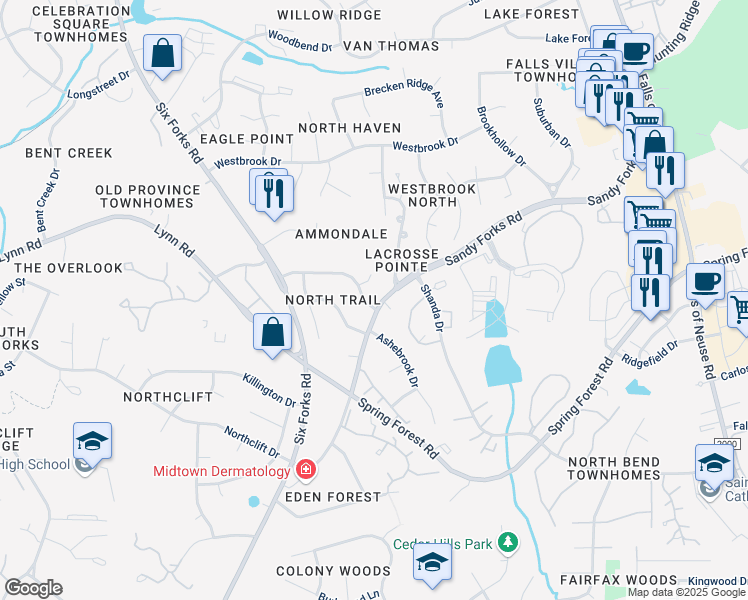 map of restaurants, bars, coffee shops, grocery stores, and more near 408 Thyme Place in Raleigh