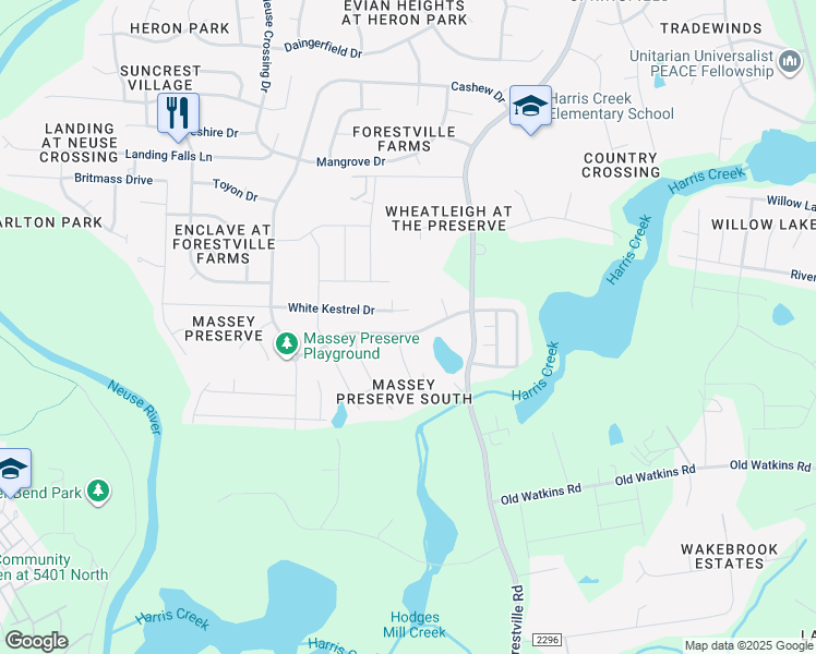map of restaurants, bars, coffee shops, grocery stores, and more near 4211 Massey Preserve Trail in Raleigh
