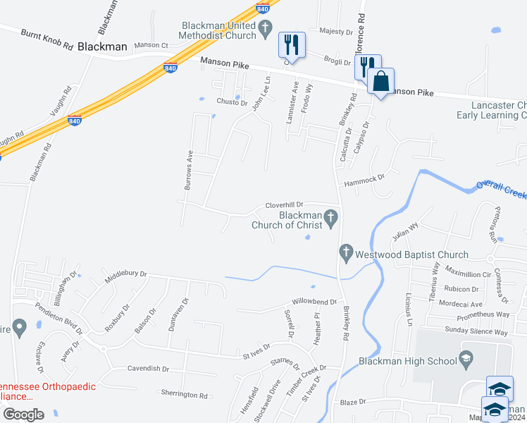 map of restaurants, bars, coffee shops, grocery stores, and more near 5037 Cloverhill Drive in Murfreesboro